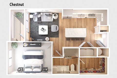Floor plan for 1 bed, 1 bath, 738 sqft